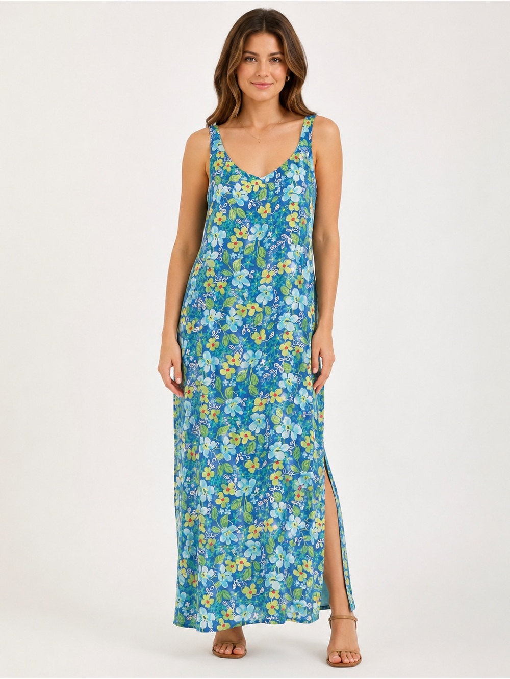 Sigrid Olsen Sport Blue Floral Sleeveless Maxi Dress Size 12P - Picture 1 of 7